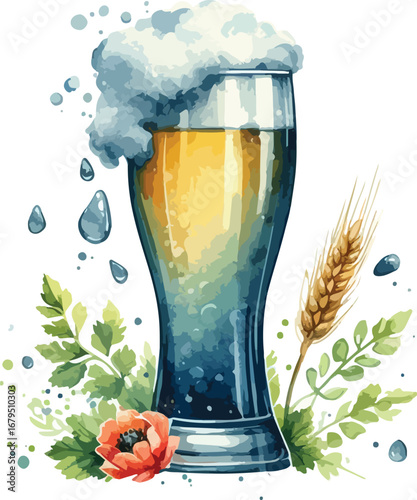 Refreshing Glass of Beer Watercolor Illustration with Wheat and Floral Accents for Summer Celebrations and Craft Brewery Promotion