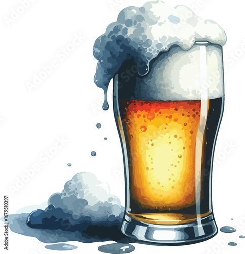 Refreshing glass of beer with overflowing foam in watercolor style perfect for posters and bar promotion advertisements