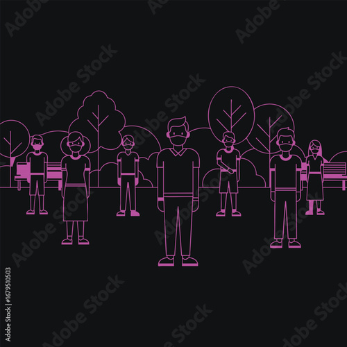 Group of people wearing masks in a park setting, surrounded by trees and benches, promoting health awareness