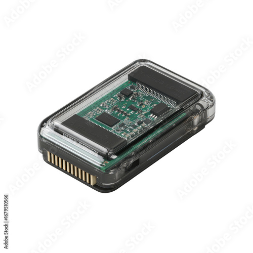 Transparent rectangular enclosure houses a circuit board.  Clear plastic case reveals internal components.  Compact, modern design