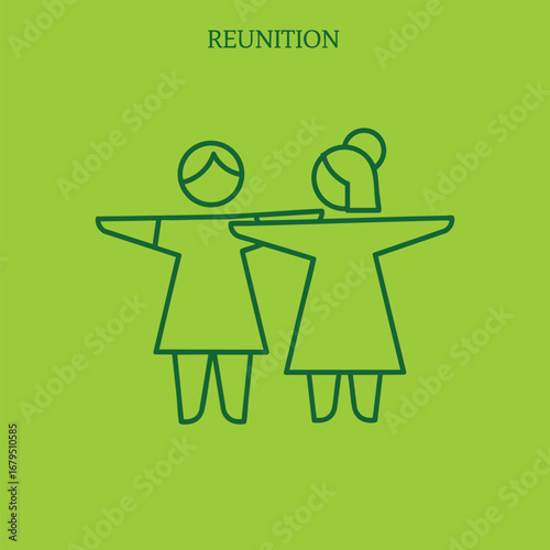 Two stylized figures embracing in a joyful reunion against a vibrant green background, symbolizing friendship and connection