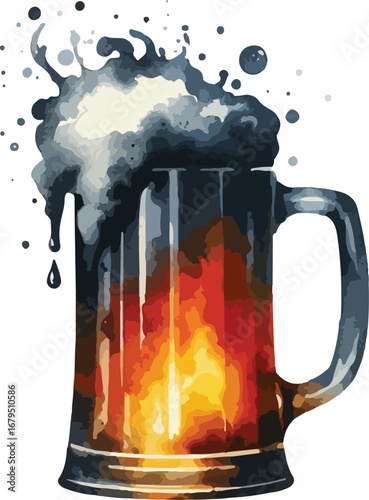 Refreshing Mug of Beer with Foaming Head and Artistic Watercolor Style Illustration on White Background Great for Octoberfest