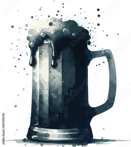 Refreshing Mug of Dark Beer with Frothy Head Watercolor Illustration for Brewery or Pub Advertising Material and Drink Menus