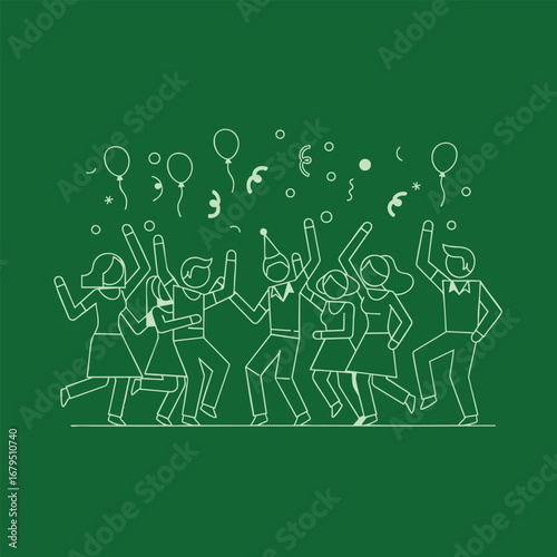 Group of people celebrating joyfully at a festive party, dancing with balloons and confetti in the background