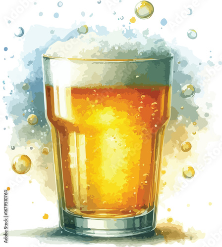 Refreshing pint of beer watercolor painting with effervescence and frothy head perfect for celebrating happy hour or social gatherings
