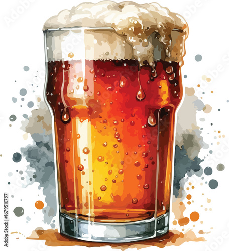 Refreshing Pint of Beer Watercolor Illustration with Rich Amber Color and Bubbly Foam Ideal for Beverage Themes and Oktoberfest Celebrations