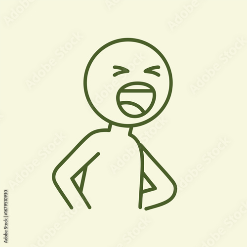 Simple line drawing of a joyful person laughing with hands on hips, set against a plain background, conveying happiness