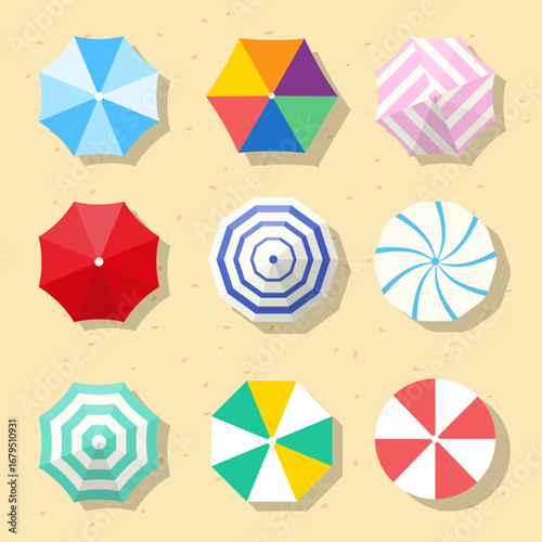 Beach umbrellas with various patterns vector illustration top view