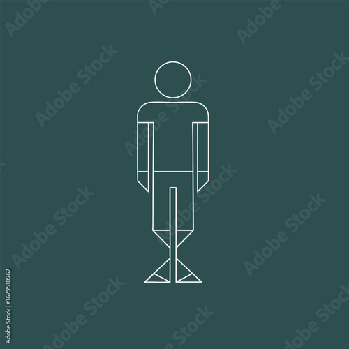 Minimalistic illustration of a human figure standing, with geometric shapes and lines, set against a solid dark background