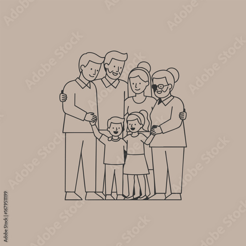 Happy family portrait with parents, children, and grandparents standing together, smiling against a soft background