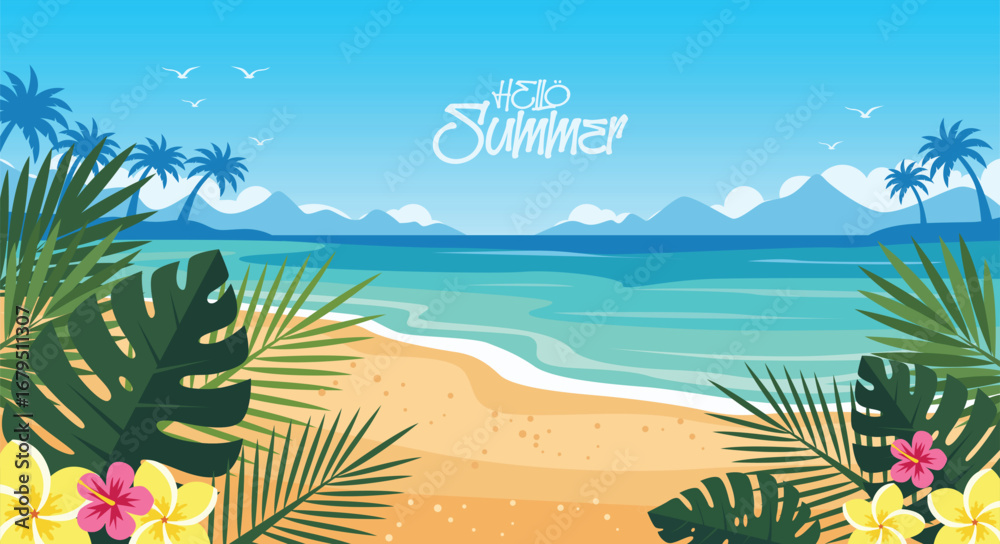 Fototapeta premium A vibrant cartoon illustration of a tropical beach scene with palm trees, flowers, blue sea, and mountains in the background.