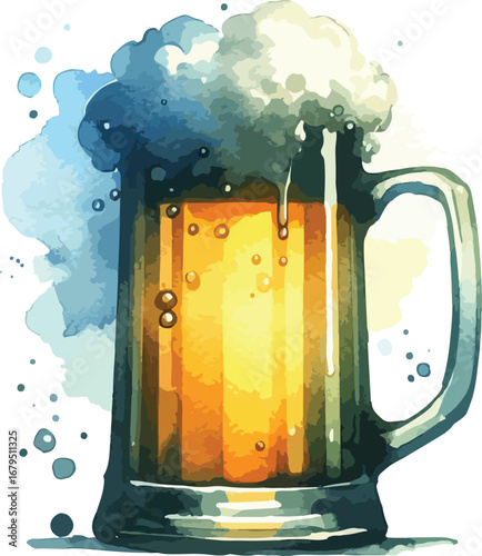 Refreshing Watercolor Beer Illustration with Frothy Head and Golden Liquid for Summer Celebrations and Drink Advertising