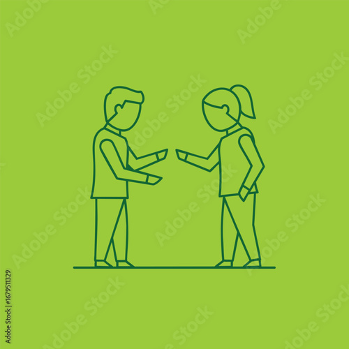 Two individuals engaged in a discussion, exchanging ideas, on a vibrant green background, showcasing communication dynamics
