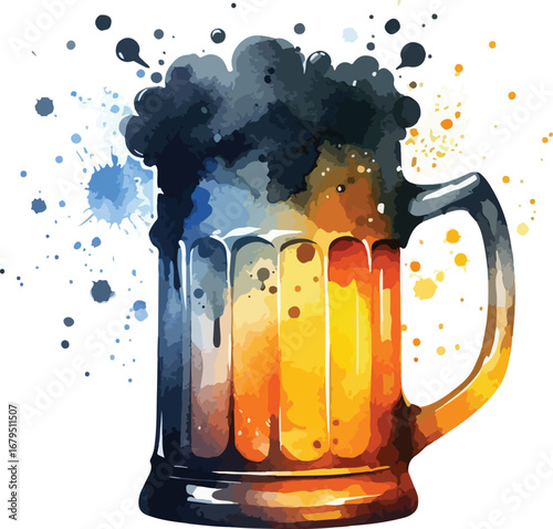 Refreshing Watercolor Beer Mug Illustration with Dark Brew and Vibrant Colors for Celebrations and Relaxing Moments