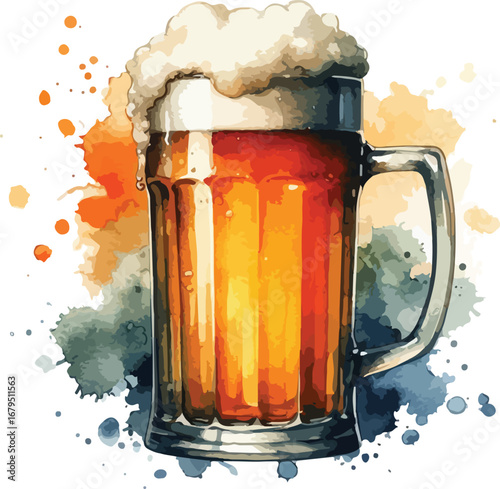 Refreshing Watercolor Beer Mug Illustration with Foamy Head and Colorful Splash Background Ideal for Beverage Promotion and Festive Celebrations