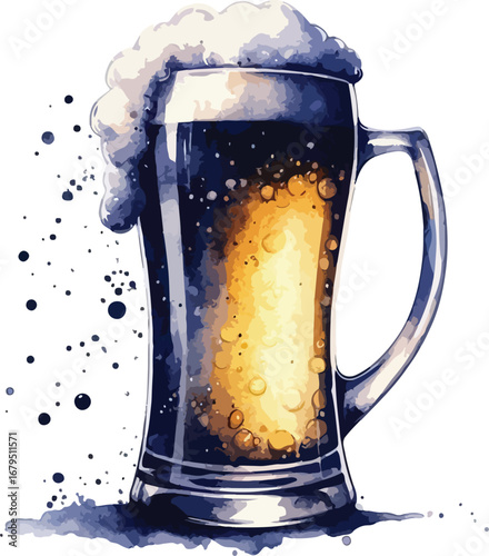 Refreshing Watercolor Beer Mug Illustration with Foam and Bubbles for Oktoberfest Celebrations and Brewery Promotion Artwork