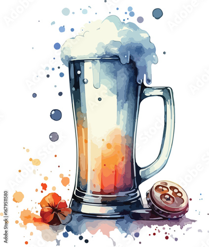 Refreshing Watercolor Beer Mug Illustration with Foamy Head and Pretzel Accompaniment Artwork for Advertising and Design