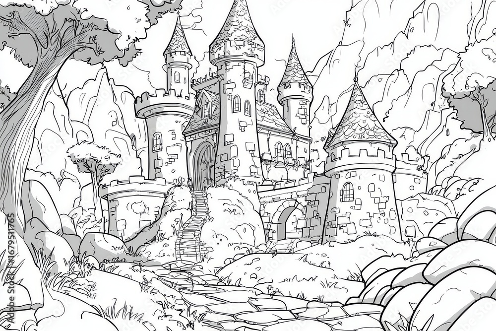 Obraz premium Cartoon enchanted castle coloring page for kids, simple black and white outline illustration with strong lines on white background