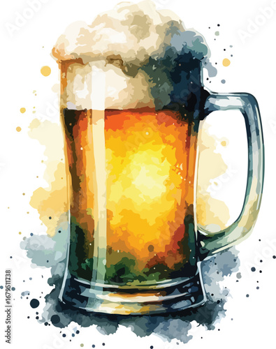 Refreshing Watercolor Beer Mug Illustration with Frothy Head Perfect for Summer Celebrations and Beverage Related Designs Ideal for Craft Beer Enthusiasts