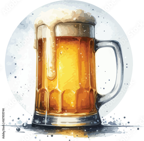 Refreshing Watercolor Beer Mug Illustration with Frothy Head Perfect for Oktoberfest Celebrations and Craft Brewery Designs