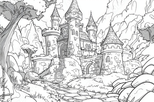 Wallpaper Mural Cartoon enchanted castle coloring page for kids, simple black and white outline illustration with strong lines on white background Torontodigital.ca