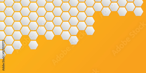 Geometric honeycomb background shapes. White gradient on orange backdrop. Hexagonal seamed pattern. Business and food