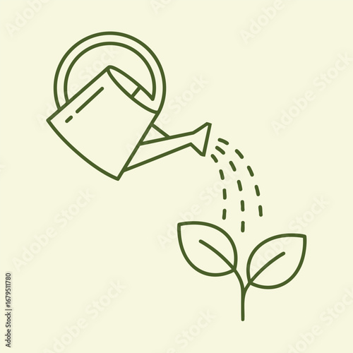 A simple illustration of a watering can pouring water onto young green leaves, symbolizing growth and nurturing in nature