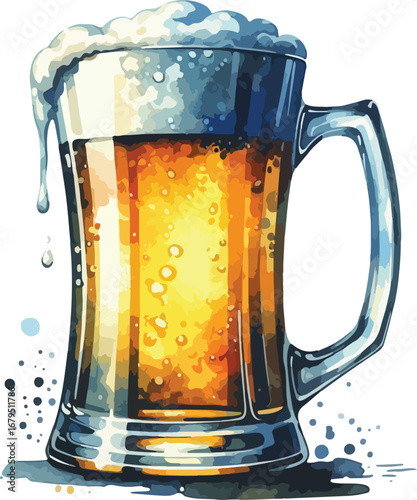 Refreshing Watercolor Beer Mug Illustration with Golden Liquid and Frothy Head on a Clean White Background for Celebratory Drinks