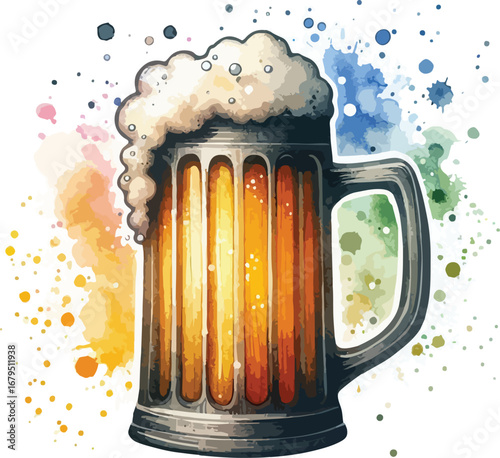 Refreshing watercolor beer mug with frothy head and vibrant artistic splash background for beverage and celebration themed projects