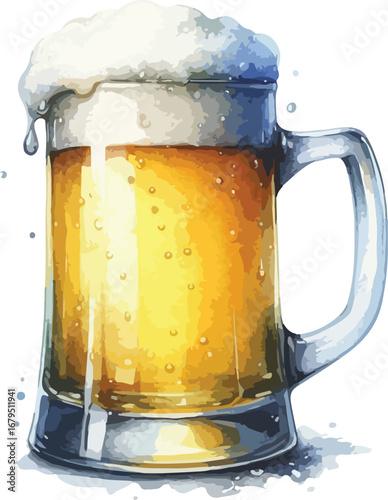 Refreshing Watercolor Beer Mug with Frothy Head and Golden Liquid Illustration for Celebration or Oktoberfest Designs and Summer Drink Concepts