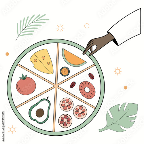 A hand pointing to a pizza with various toppings including cheese tomato avocado fruits and coffee beans