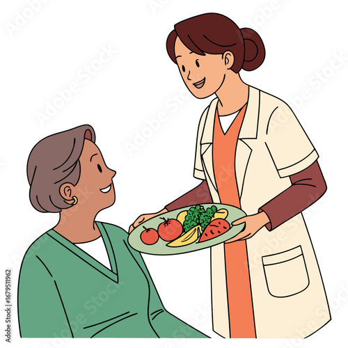 Caring healthcare professional offers a plate of healthy fruits and vegetables to a smiling senior woman