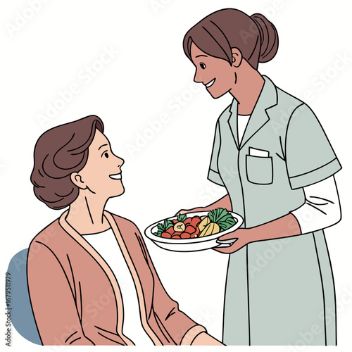 Caring nurse serving healthy salad to an elderly woman in a wheelchair