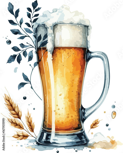 Refreshing Watercolor Beer Mug with Frothy Head and Wheat Accents Isolated on White Background Perfect for Celebration