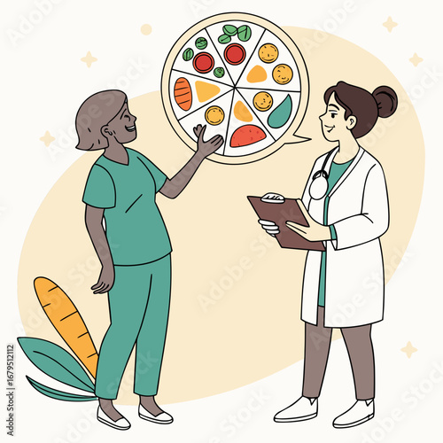 Doctor and nurse discuss healthy eating with a colorful pizza chart of vegetables and fruits