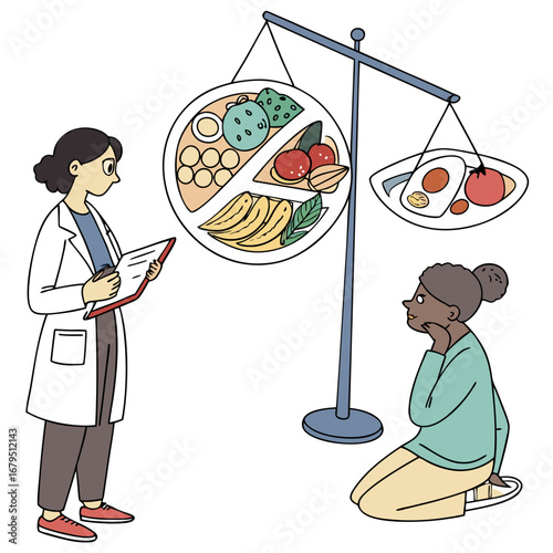 Doctor and patient discuss balanced diet and healthy eating choices on a scale