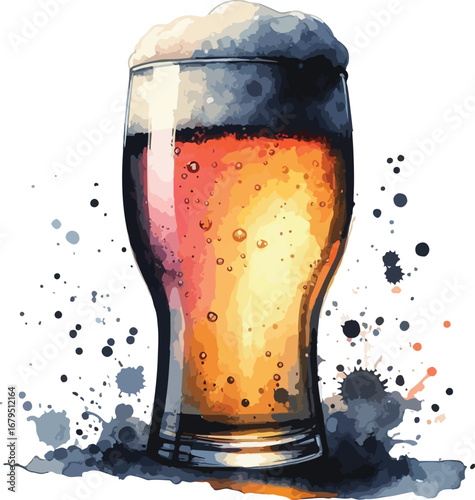 Refreshing Watercolor Beer Pint with Bubbles and Foam for Celebrations and Festive Occasions Perfect for Social Media and Bar Menus