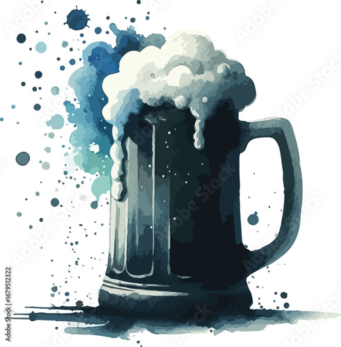Refreshing Watercolor Illustration of a Mug of Beer with Frothy Head and Splashes Perfect for Summer Celebrations and Festive Occasions