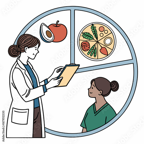 Doctor explaining healthy eating and nutrition to a patient using a food plate diagram