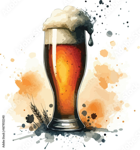 Refreshing Watercolor Illustration of a Tall Glass of Beer with Frothy Head and Wheat Stalks Design Element