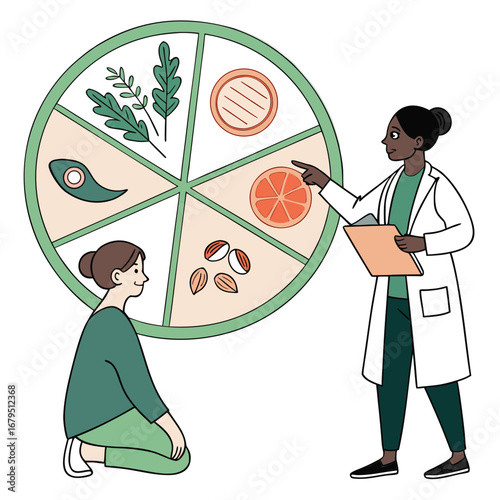 Doctor explaining healthy food choices from a segmented wheel to a patient