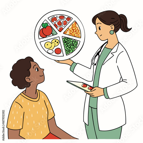 Doctor explains healthy eating and balanced diet to a young patient with a food plate