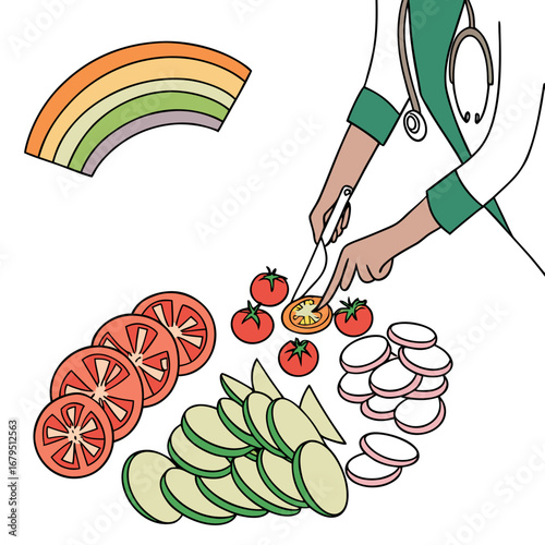 Doctor preparing healthy food with fresh vegetables and a rainbow symbol representing wellness
