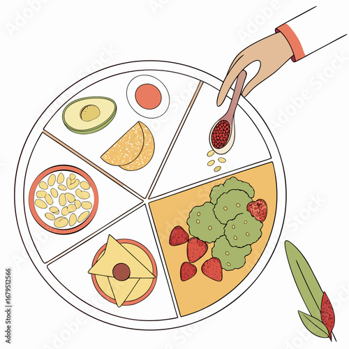 Hand adding seeds to a colorful divided plate with healthy foods and fruits for balanced nutrition
