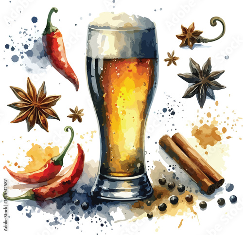 Spiced Beer Still Life Watercolor Illustration with Star Anise Chili Peppers and Cinnamon Sticks for Culinary or Festive Design