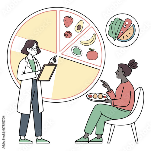 Nutritionist advises patient on healthy eating by explaining a balanced diet plate with various food groups