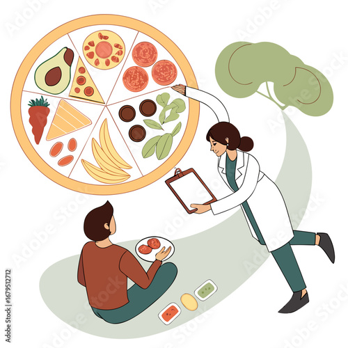 Nutritionist advising patient on healthy food choices presented as a pizza with diverse ingredients