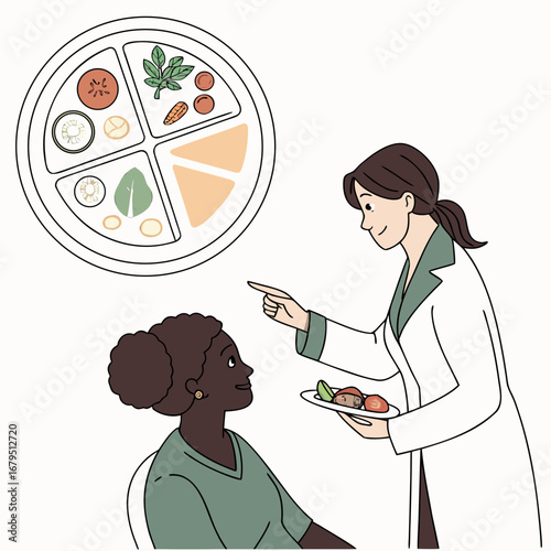 Nutritionist advises patient on healthy eating with a balanced meal plate illustration