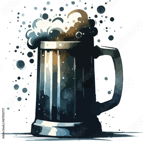 Stylized Watercolor Illustration of a Beer Mug Overflowing with Froth and Effervescence for Refreshment and Celebration with Festive Bubbles