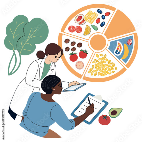 Nutritionist consulting patient about healthy eating plan with food groups and fresh ingredients